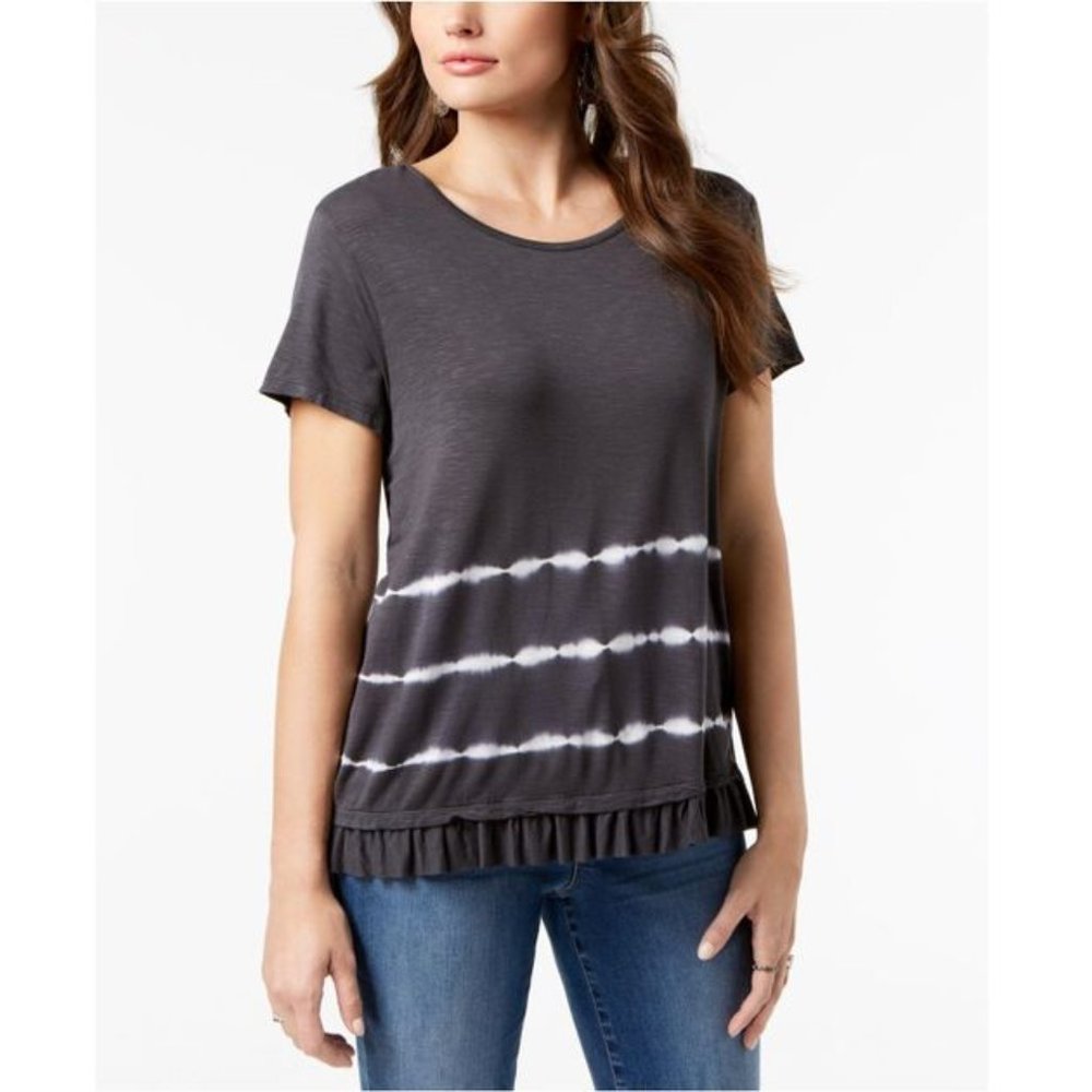 Style & Co Grey-Dyed Ruffle-Hem T-Shirt Small